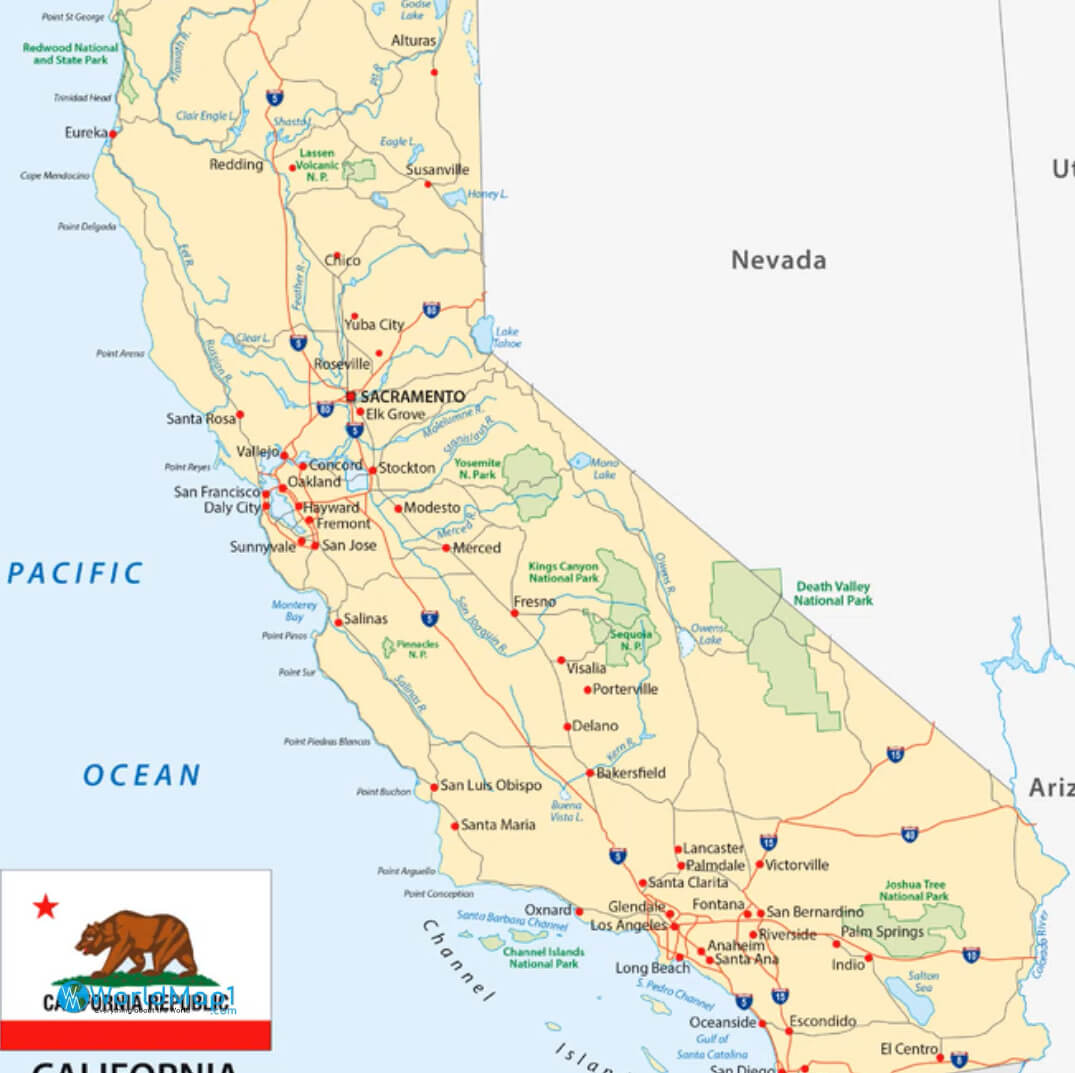 Carte des plages des lacs des montagnes de Californie